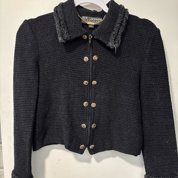 St. John Jackets & Blazers - St. John Couture by Marie Gray Black Tweed Crop Sweater Jacket Cheetah Collar 2